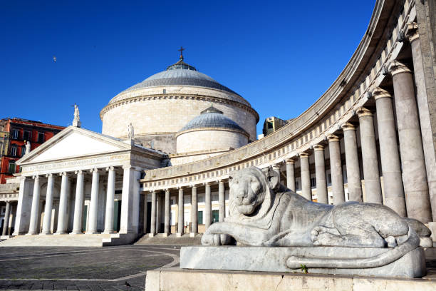 Statues of lions at the Piazza del Plebiscito in Naples, Italy