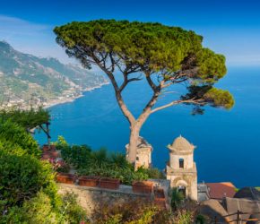 View of the Amalfi Coast and Gulf of Salerno from Villa Rufolo in the hilltop town of Ravello in Campania, Italy.