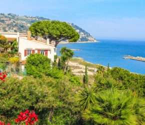 View of the Riviera dei Fiori (Riviera of Flowers) in the Italian Province Liguria facing the Sanremo Bay.