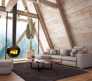 Wooden Interior with Funiture and Fireplace. 3d Render