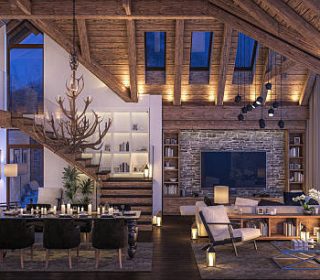 3D rendering of cozy living room on cold winter night in the mountains, evening interior of chalet decorated with candles, fireplace fills the room with warmth.