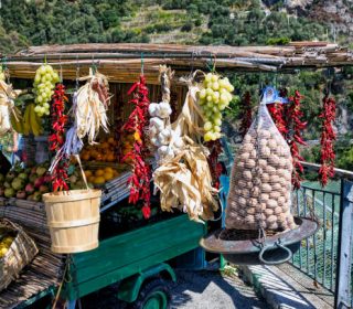 View of a store selling fruit, chillies, etc on the Amalfi Coast