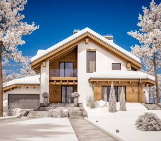 3d rendering of modern cozy house in chalet style with garage. Mountain ski resort with snow. Clear sunny winter day with cloudless sky. With many snow on the roof and lawn.